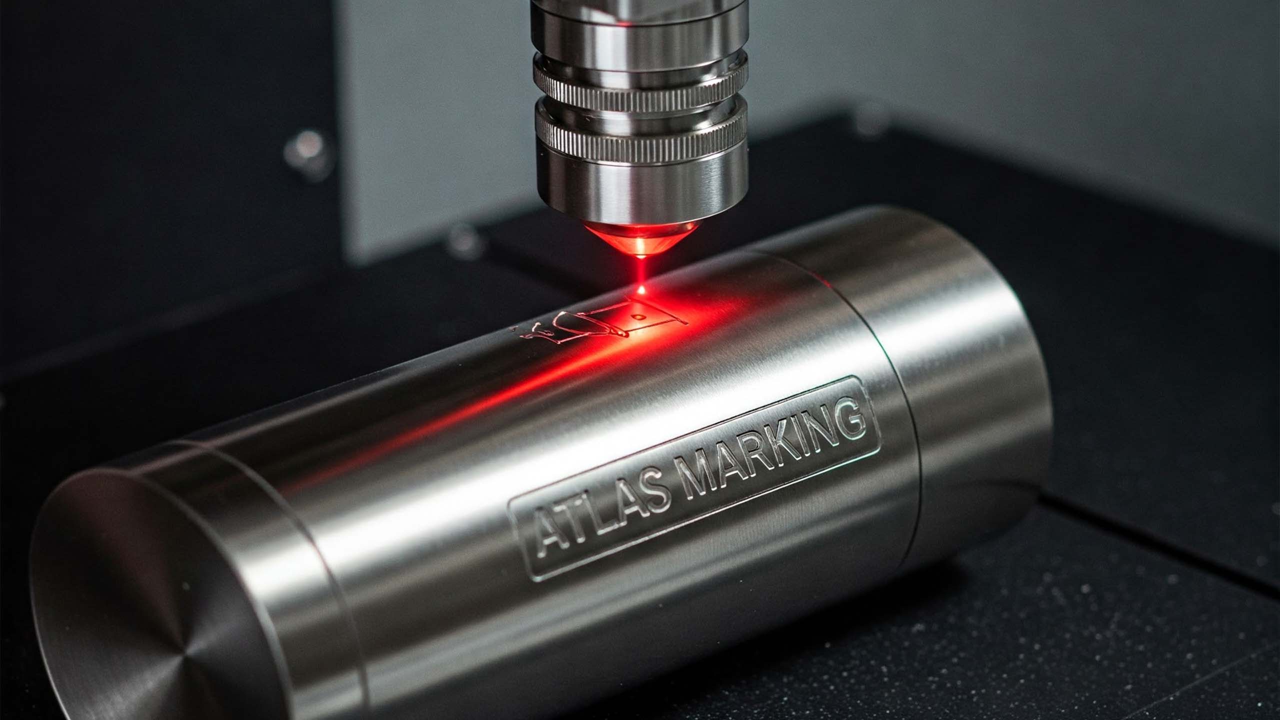 Industrial laser coding and marking machine applying a trace label to a plastic surface.